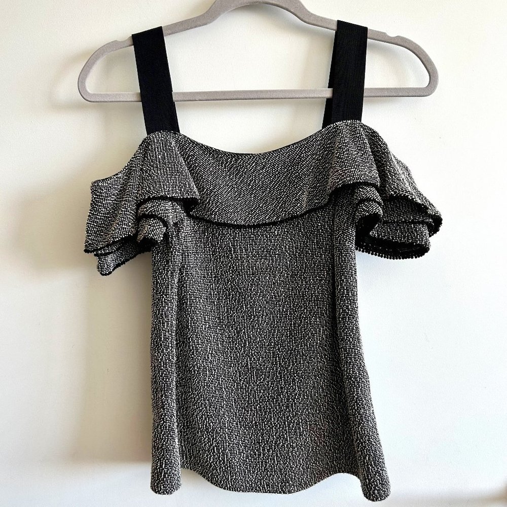 Banana Republic Black and White Cold Shoulder Ruffle Top Size XS